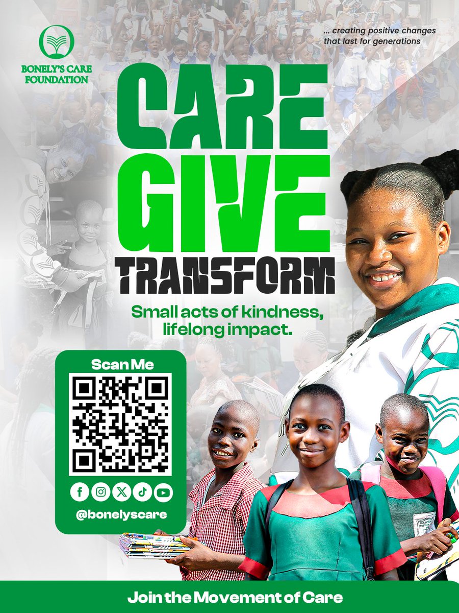 Bonelyscare's tweet photo. A better future begins with one act of kindness. Be part of something bigger. Scan the QR code, follow our journey, and help us bring hope to children through education and compassion.

Care. Give. Transform.

#BonelysCareFoundation #JoinTheMovement #EducationMatters #HopeInAction