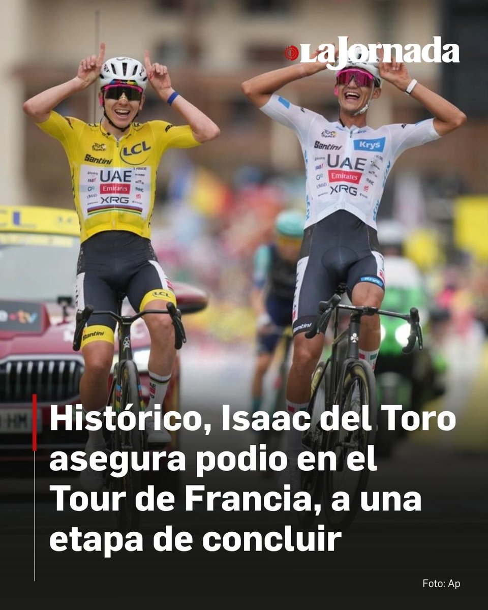 lajornadaonline's tweet photo. 🚵‍♂️ 🇲🇽 #TourDeFrancia | Isaac del Toro aseguró de manera histórica un lugar en el podio y el maillot blanco, como campeón de la clasificación de jóvenes, en la competencia.

El ciclista de 22 años se convirtió en el primer mexicano en alcanzar uno de los puestos de élite en la emblemática competencia al aferrarse al tercer puesto tras la prueba reina en la etapa 20, donde el esloveno Tadej Pogacar, compañero del bajacaliforniano en el equipo de UAE Emirates, dejó sentenciada su victoria para el domingo cuando cierre la carrera en una jornada en la cual no se esperan cambios en la clasificación general.

Lee más aquí 👇
https://t.co/lJnloUfbrX