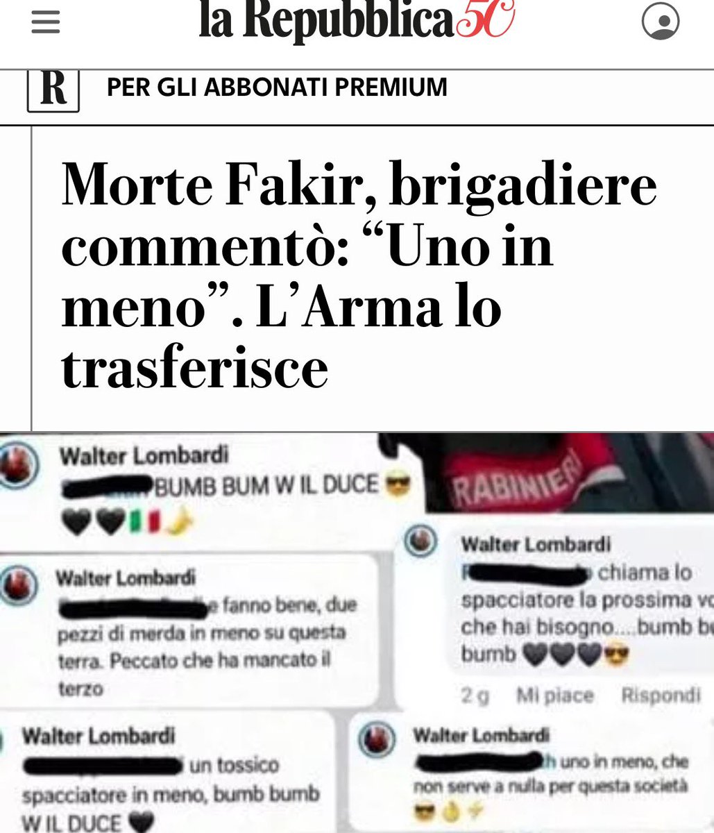Frances99687883's tweet photo. #Trasferito da Bologna ad #Imola, il brigadiere dei Carabinieri che festeggiava la morte di  #Fakir e inneggiava al Duce, #WalterLombardi. https://t.co/ukEgIq2Bta