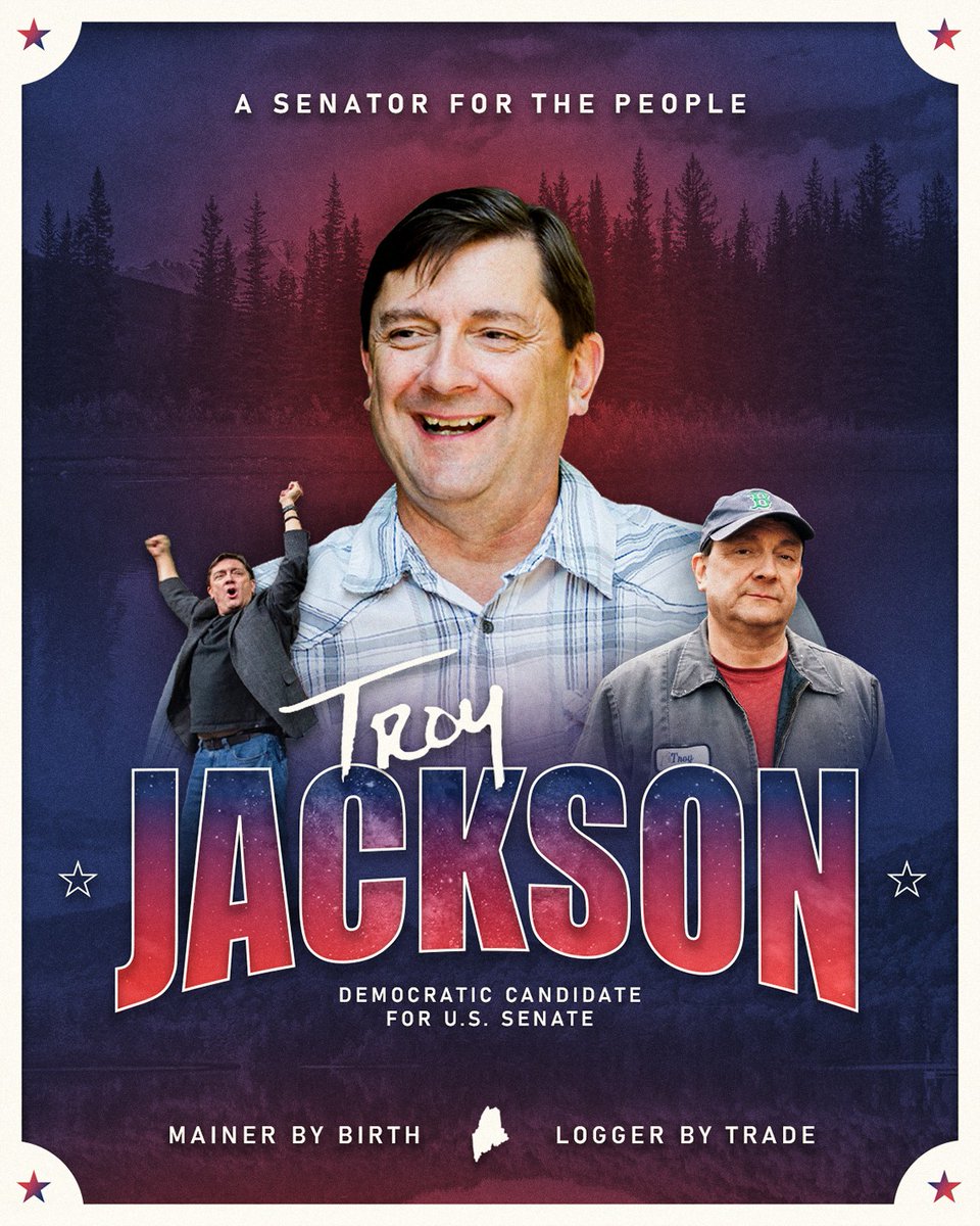 dscc's tweet photo. BREAKING: Troy Jackson is officially the Democratic nominee for U.S. Senate in Maine!

Troy Jackson is a fifth-generation logger who has never stopped fighting for workers’ rights — and he’s going to be the fighter that Maine needs in the Senate. https://t.co/l2K0I6QH3a