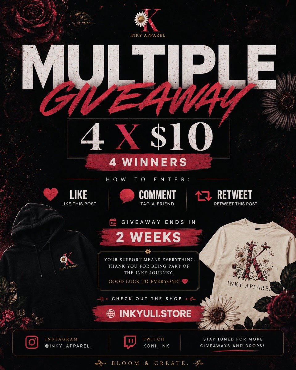 Koni_ink's tweet photo. Hope you’re all having an amazing day! 🤍🌸

It’s time for another Giveaway! 🎉

This time, 4 winners will each receive $10 to spend!

How to enter:

❤️ Like this post
💬 Tag a friend in the comments
🔁 Repost this post

That’s all it takes!

Seeing more and more of you discovering INKY has honestly been one of the most rewarding parts of this journey. Your support, whether it’s a like, a repost, or simply being here, motivates me to keep creating and pushing this project forward every single day.

If you’d like to explore the collection, you can find it here:
🛍️ https://t.co/e8a4uQ6GTz

Thank you all for being part of the INKY journey, and good luck to everyone! 🍀🖤

Bloom & Create. 🌿