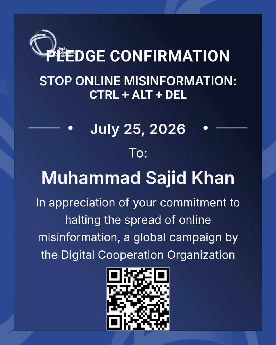 msajid311's tweet photo. Copy Your Pledge
We all have a collective responsibility to stop the spread of online misinformation.

I’m proud to announce that I have taken the CTRL+ALT+DEL pledge to join the DCO’s efforts in combatting online misinformation and promoting a safe digital future for all. https://t.co/l75SY8ssqI