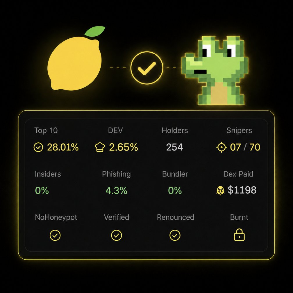 lemondotfun's tweet photo. Our official contract is now verified on GMGN ✅🍋

Traders can confirm the correct CA, review token security data, and trade with greater confidence

Launchpad verification is next

One more step toward making Lemon easier to discover, verify, and trust https://t.co/6dcKPFy87i