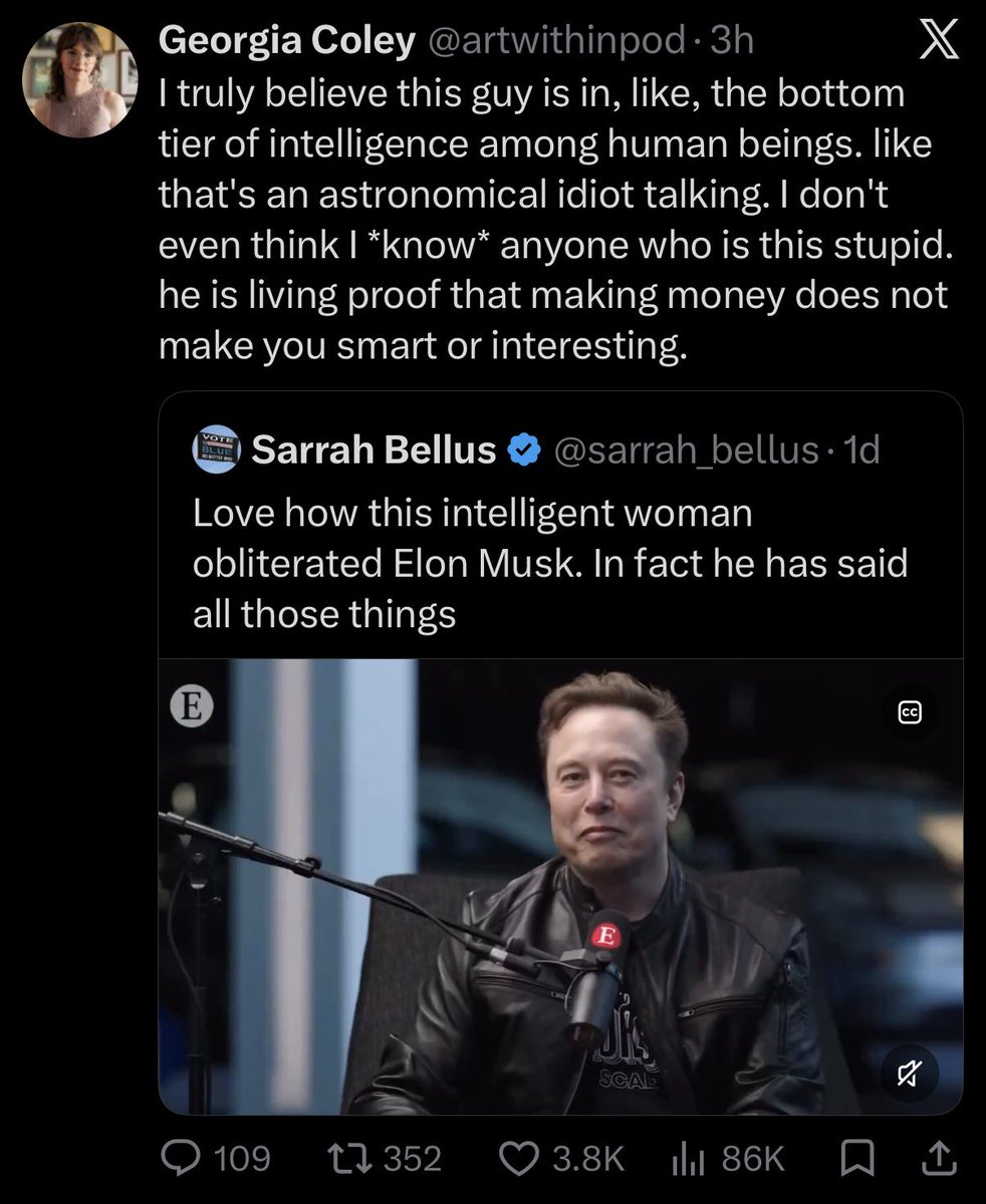 gatorgar's tweet photo. I say this a lot, and I never have a good example handy:

People are so delusional and so emotional that they think they’re smarter than the richest, smartest man on Earth.

Why? Because they hate him. So if you really don’t like someone, it means they’re stupid. https://t.co/3IhSx2U5KC