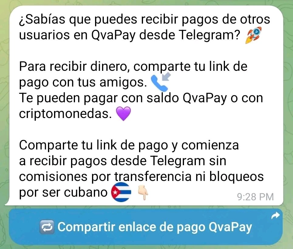 RandsLeandro's tweet photo. 💸 Recibe pagos desde Telegram con QvaPay

😉 Solo comparte tu link de pago y comienza a recibir dinero de otros usuarios, ya sea con saldo QvaPay o con criptomonedas 💜

📲 Fácil, rápido y sin comisiones por transferencia ✨ https://t.co/l4ZpKGlMw2