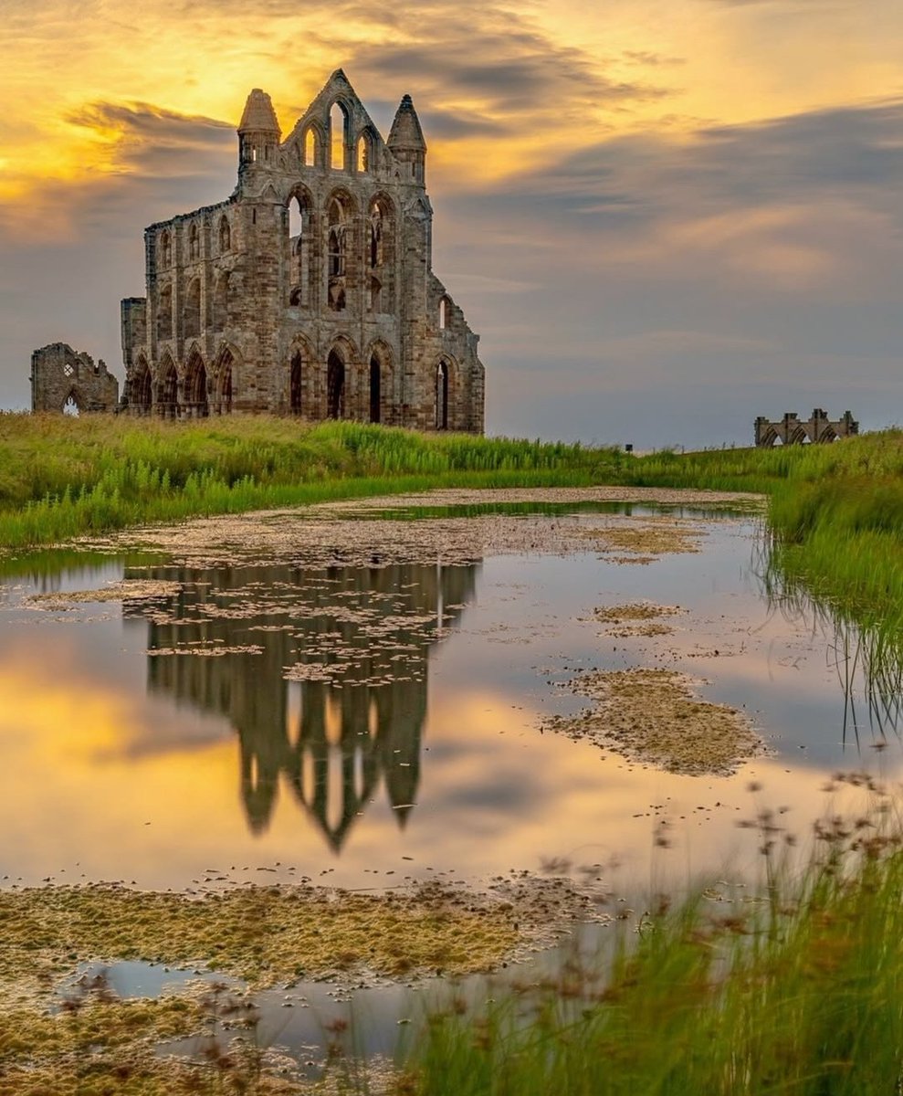 visitnorthyork's tweet photo. Golden skies above Whitby Abbey

The fading light wrapped around the ancient ruins in a quiet glow and the old pond held their reflection like polished glass 😍 https://t.co/F1UfyaOqBp