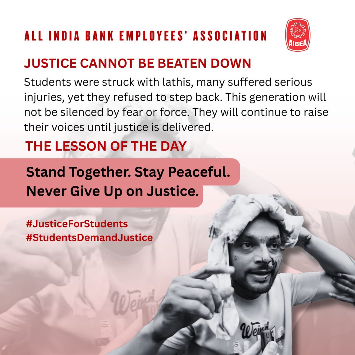 AIBEAofficial's tweet photo. The Lesson of the day

Stand together, stay peaceful 
Never give up on justice.. 

#AIBEA https://t.co/pGWZs6po2I