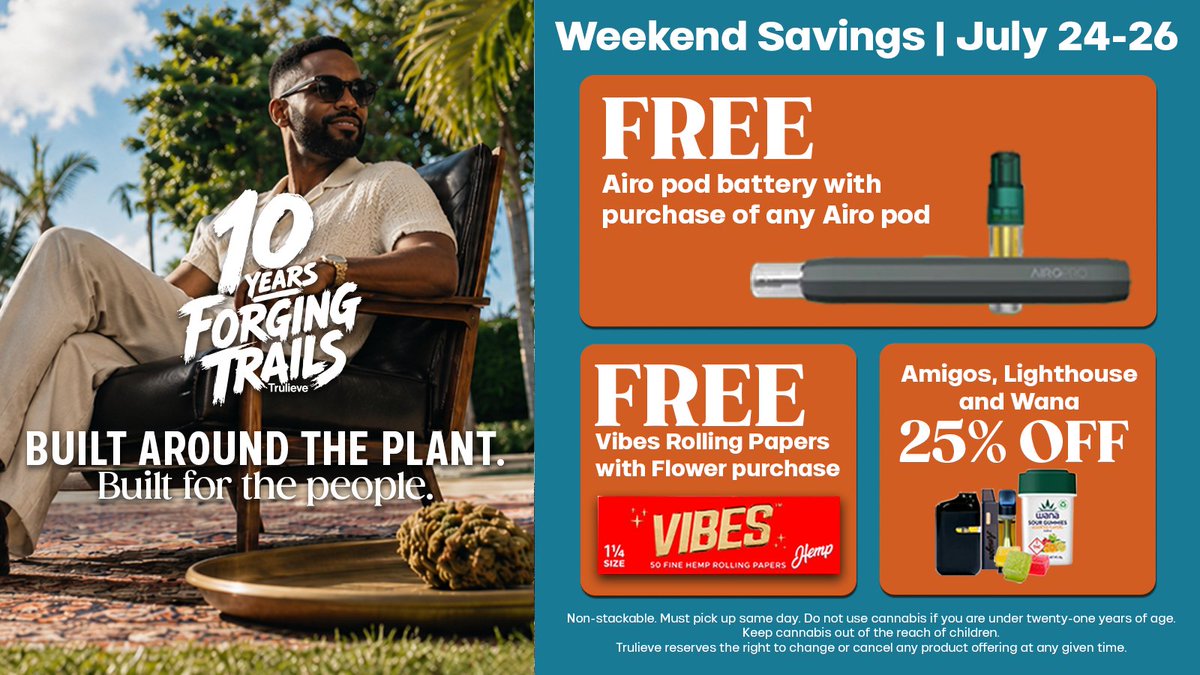 TrulieveCT's tweet photo. 🎊 The anniversary celebration is still going strong!
✅ FREE AiroPod battery with any AiroPod purchase
✅ FREE Vibes rolling papers with flower purchase
✅ 25% OFF Amigos, Lighthouse &amp; Wana
Available July 24–26 while supplies last. 💚 https://t.co/SAlOdc4VgZ