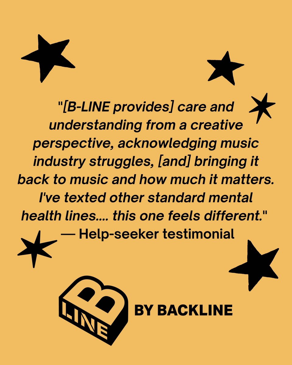 SBKgives's tweet photo. Just months after launch, @Backline_care's B-LINE is already showing how vital accessible mental health support is for the music industry.

SBK proudly supports programs like B-LINE, providing 24/7 support for music professionals and their families.
📞 855-BLINE99
💬 Text 254-639 https://t.co/23YHOnaXMg