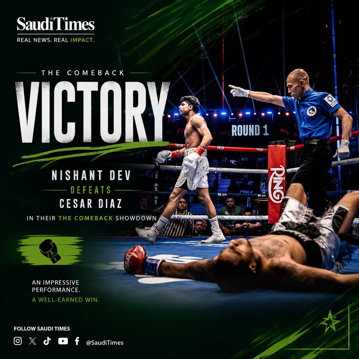 sauditimes_en's tweet photo. 🇮🇳🥊 BIG WIN IN JEDDAH! 🔥
India’s Nishant Dev defeats Peru’s Cesar Diaz at The Comeback. Another strong performance under the bright lights. 💥👊
#SaudiTimes #JoshuaPrenga #TheComeback #NishantDev https://t.co/ylg3qsDPPy