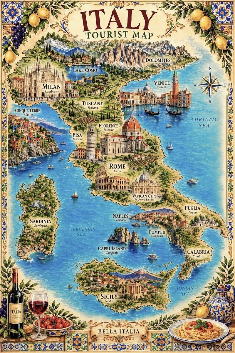 mamboitaliano__'s tweet photo. Although it’s a bit geographically inaccurate, I still find this map of Italy really nice and inviting 🇮🇹🍋🍷 https://t.co/LMj6gPSMzA