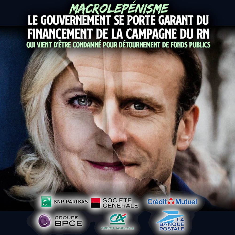 ContreAttaque_'s tweet photo. MACRON GARANTIT LE FINANCEMENT DE LA CAMPAGNE DE LE PEN, AVEC VOTRE ARGENT

– Le gouvernement se porterait garant du prêt pour le parti d'extrême droite condamné pour détournement de fonds public. En cas de défaut de paiement, c'est nous qui paierons pour le RN. –

1/2 ⤵️ https://t.co/pZ3CXSFiG0