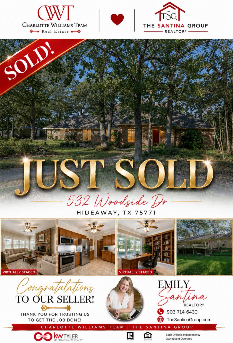 mlebusyb's tweet photo. 🏡 JUST SOLD in Hideaway, Texas! 🎉
Congratulations to our seller, Mark Drew, on the successful sale of 532 Woodside Dr, Hideaway, TX 75771!
Emily Santina was honored to help guide this home from listing to closing. 
Emily Santina, REALTOR®
📞 903-714-6430 https://t.co/QVZvM7e4IY