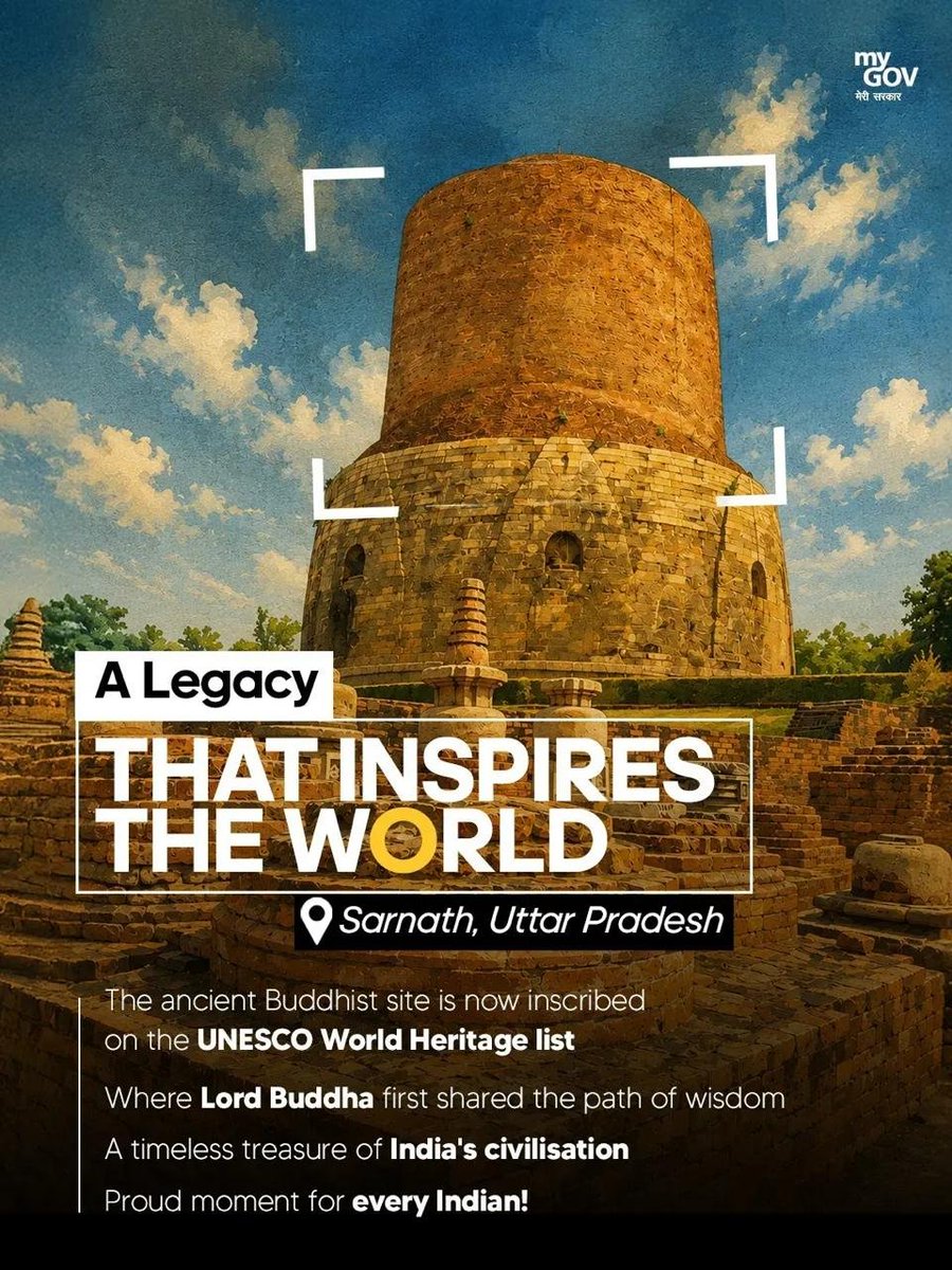 IndiaInSerbia's tweet photo. India has achieved another major cultural milestone. 🇮🇳✨

🏆On 25 July 2026, UNESCO officially inscribed the Ancient Buddhist Site of Sarnath, Varanasi on the World Heritage List. This brings India’s total number of UNESCO World Heritage Sites to 45.

⏩️ Sarnath is one of the four holiest Buddhist pilgrimage sites. It is where Gautama Buddha delivered his first sermon.

⏩️ This global accolade celebrates India’s enduring cultural legacy, showcasing its diverse traditions of architectural brilliance, regional identity, and historical continuity.

…

Indija je postigla još jednu značajnu kulturnu prekretnicu. 🇮🇳✨

🏆 Unesko je 25. jula 2026. godine zvanično uvrstio drevno budističko nalazište Sarnat u Varanasiju na Listu svetske baštine. Time je ukupan broj lokaliteta svetske baštine Uneska u Indiji dostigao 45.

⏩️ Sarnat je jedno od četiri najsvetija mesta hodočašća u budizmu. To je mesto gde je Gautama Buda održao svoju prvu propoved.

⏩️ Ovo globalno priznanje slavi dugovečno kulturno nasleđe Indije, ističući njene raznovrsne tradicije arhitektonske izvrsnosti, regionalnog identiteta i istorijskog 

@UNESCO @tourismgoi @incredibleindia @PIB_India
@mygovindia @MEAIndia @iccr_hq

#Sarnath #UNESCO #WorldHeritage #Buddhism #IncredibleIndia