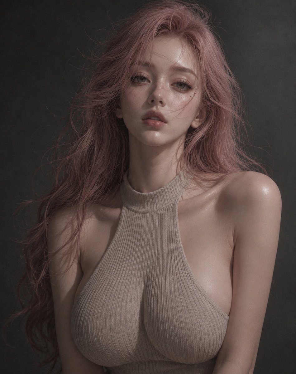 JoywDan's tweet photo. 这组好喜欢🥰

prompt-image2: 

Masterpiece, best quality, ultra-detailed, photorealistic portrait, moody editorial photography, intimate soft-grain portrait, low-saturation tones, subtle film grain, quiet emotional atmosphere, soft shadow transitions, minimal dark grey studio background.

A clearly adult woman wears a beige ribbed knit halter top with a high neckline, open back, open sides, body-hugging fit, elegant and minimal, no distracting accessories.

Half-body or upper-body composition. She faces the camera with a gentle, slightly melancholic expression, soft glassy eyes, relaxed lips, and a natural posture. One hand lightly touches her hair, cheek, or collarbone, while the other rests near her waist. Hair falls over both shoulders with slight motion.

Soft dim frontal lighting with subtle side shadow, natural skin glow, delicate highlights on hair and lips. Korean-style emotional portrait photography, close framing, simple background, strong focus on face, eyes, hair texture, and knit texture.

Introspective, soft, elegant, understated, late-night personal portrait feeling.
No text, no watermark, no collage, no extra people, no exaggerated smile, no plastic skin, no harsh flash, no stiff pose.