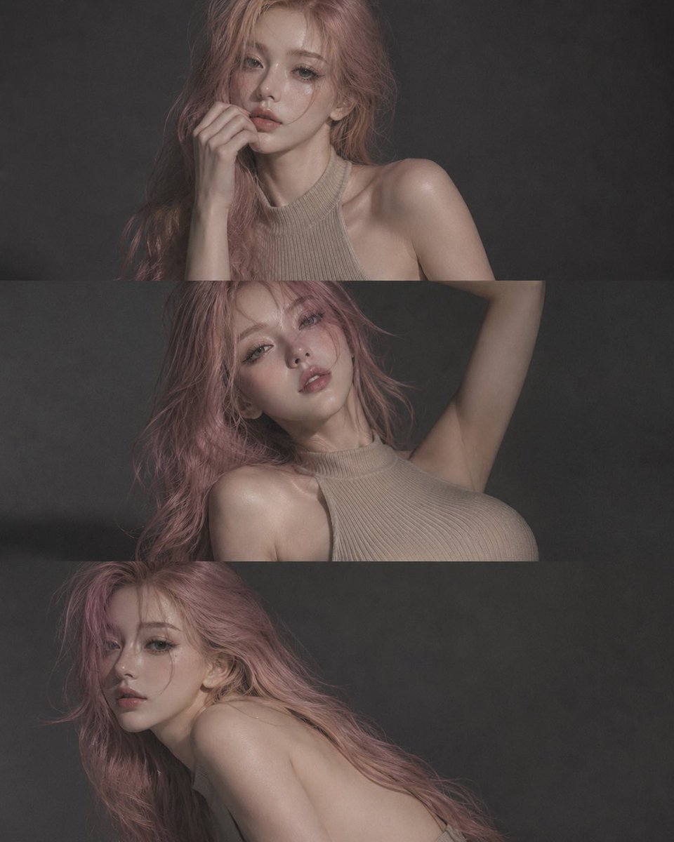 JoywDan's tweet photo. 这组好喜欢🥰

prompt-image2: 

Masterpiece, best quality, ultra-detailed, photorealistic portrait, moody editorial photography, intimate soft-grain portrait, low-saturation tones, subtle film grain, quiet emotional atmosphere, soft shadow transitions, minimal dark grey studio background.

A clearly adult woman wears a beige ribbed knit halter top with a high neckline, open back, open sides, body-hugging fit, elegant and minimal, no distracting accessories.

Half-body or upper-body composition. She faces the camera with a gentle, slightly melancholic expression, soft glassy eyes, relaxed lips, and a natural posture. One hand lightly touches her hair, cheek, or collarbone, while the other rests near her waist. Hair falls over both shoulders with slight motion.

Soft dim frontal lighting with subtle side shadow, natural skin glow, delicate highlights on hair and lips. Korean-style emotional portrait photography, close framing, simple background, strong focus on face, eyes, hair texture, and knit texture.

Introspective, soft, elegant, understated, late-night personal portrait feeling.
No text, no watermark, no collage, no extra people, no exaggerated smile, no plastic skin, no harsh flash, no stiff pose.