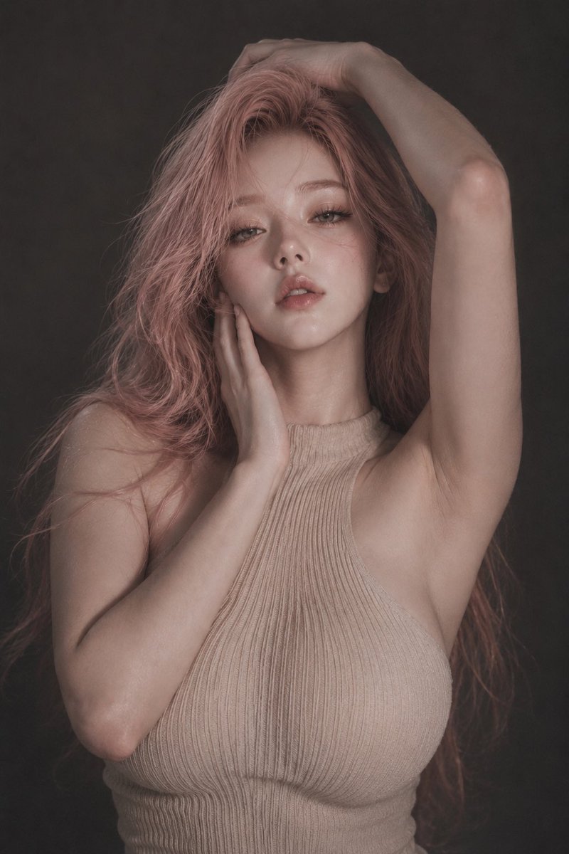 JoywDan's tweet photo. 这组好喜欢🥰

prompt-image2: 

Masterpiece, best quality, ultra-detailed, photorealistic portrait, moody editorial photography, intimate soft-grain portrait, low-saturation tones, subtle film grain, quiet emotional atmosphere, soft shadow transitions, minimal dark grey studio background.

A clearly adult woman wears a beige ribbed knit halter top with a high neckline, open back, open sides, body-hugging fit, elegant and minimal, no distracting accessories.

Half-body or upper-body composition. She faces the camera with a gentle, slightly melancholic expression, soft glassy eyes, relaxed lips, and a natural posture. One hand lightly touches her hair, cheek, or collarbone, while the other rests near her waist. Hair falls over both shoulders with slight motion.

Soft dim frontal lighting with subtle side shadow, natural skin glow, delicate highlights on hair and lips. Korean-style emotional portrait photography, close framing, simple background, strong focus on face, eyes, hair texture, and knit texture.

Introspective, soft, elegant, understated, late-night personal portrait feeling.
No text, no watermark, no collage, no extra people, no exaggerated smile, no plastic skin, no harsh flash, no stiff pose.