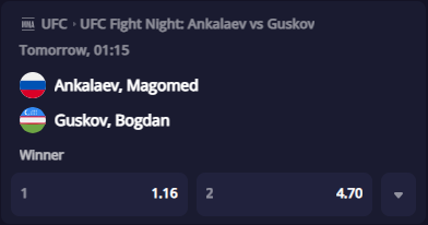Deuces's tweet photo. UFC Fight Night is here🥊

Ankalaev vs Guskov is live on Deuces 

Bet on Deuces for better odds ✌️ https://t.co/ffysrwzdUg