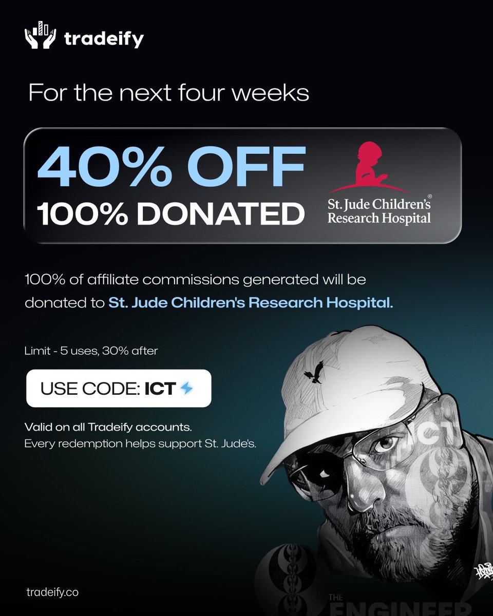 Tradeify's tweet photo. We're in 🤝 @I_Am_The_ICT

Use code ‘ICT’ at checkout for 40% off ALL Tradeify accounts and 100% of affiliate commissions will be donated to St. Jude Children's Research Hospital. https://t.co/3VtdjCqJIG