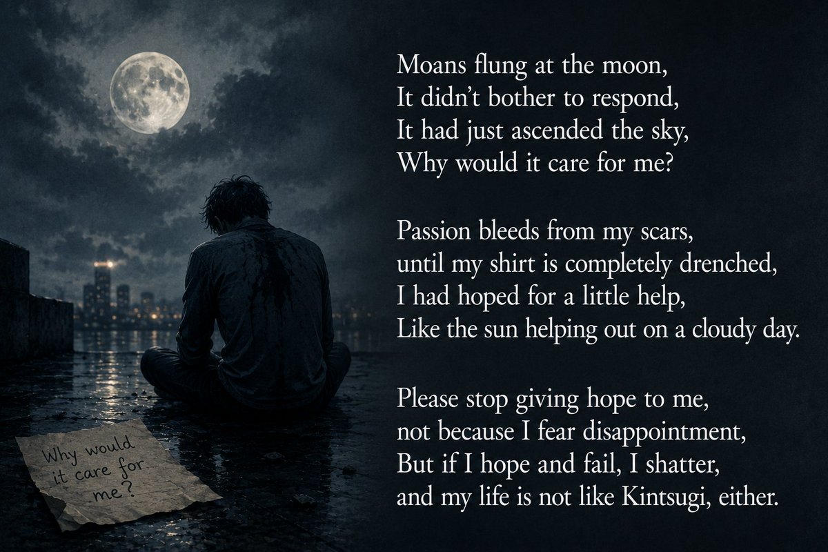 my2centsandme's tweet photo. #vss365
Moans flung at the moon,
It didn't bother to respond,
It had just #ascended the sky,
Why would it care for me?

Passion bleeds from my scars,
until my shirt is completely drenched,
I had hoped for a little help,
Like the sun helping out on a cloudy day.
(1/2) https://t.co/huQQBgo62X