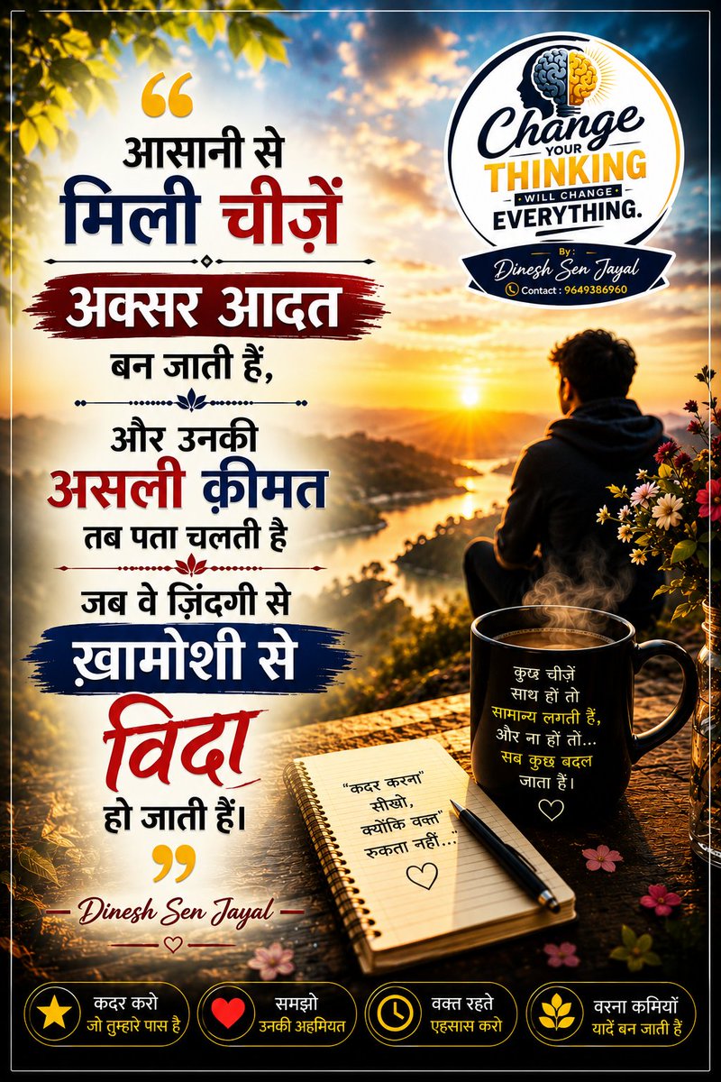 dineshsenjayal's tweet photo. "आसानी से मिली चीज़ें अक्सर आदत बन जाती हैं, और उनकी असली क़ीमत तब पता चलती है जब वे ज़िंदगी से ख़ामोशी से विदा हो जाती हैं।"
— Dinesh Sen Jayal https://t.co/7OwyFlxyWT