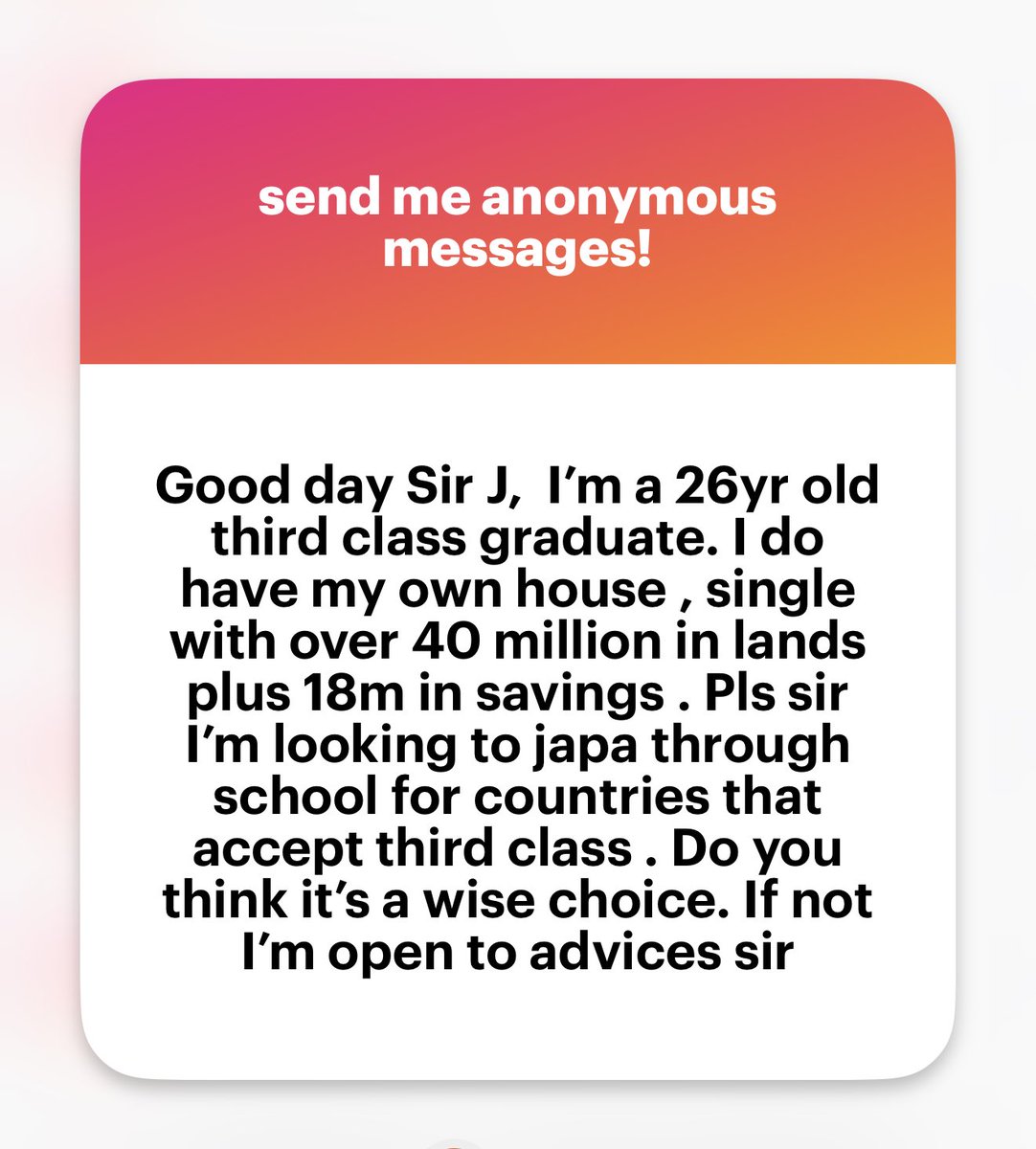SirJarus's tweet photo. I graduated with 1st class and I did not have 1% of this at 26.

You are 26, a 3rd class grad and got all of this already.

You're doing well in my own view.

I don't discourage people from pursuing their ambition but I fear for you - especially the school route you mentioned. https://t.co/dJ32q57F4h
