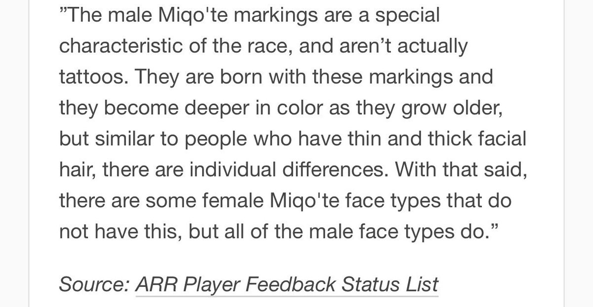 eldthurs's tweet photo. i knew i read about it somewhere long ago. i found multiple people reference a forum thread run by the devs that has since been deleted, but the male miqo'te face marks being "war paint" is a retcon lmao https://t.co/8I72SWY5VO