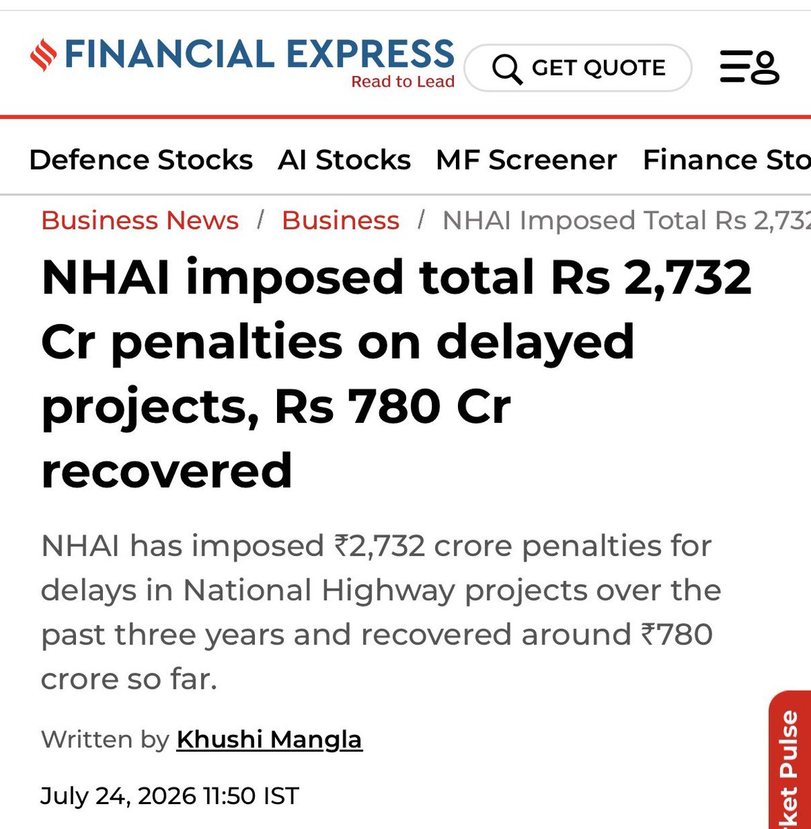 Indian_Analyzer's tweet photo. 🚨 BIG 🚨

Under Nitin Gadkari, the NHAI has imposed ₹2,732 crore in penalties on delayed projects.

Nearly ₹780 crore has already been recovered, marking a major crackdown on delays and irregularities in highway construction. https://t.co/y8rX52ccIU