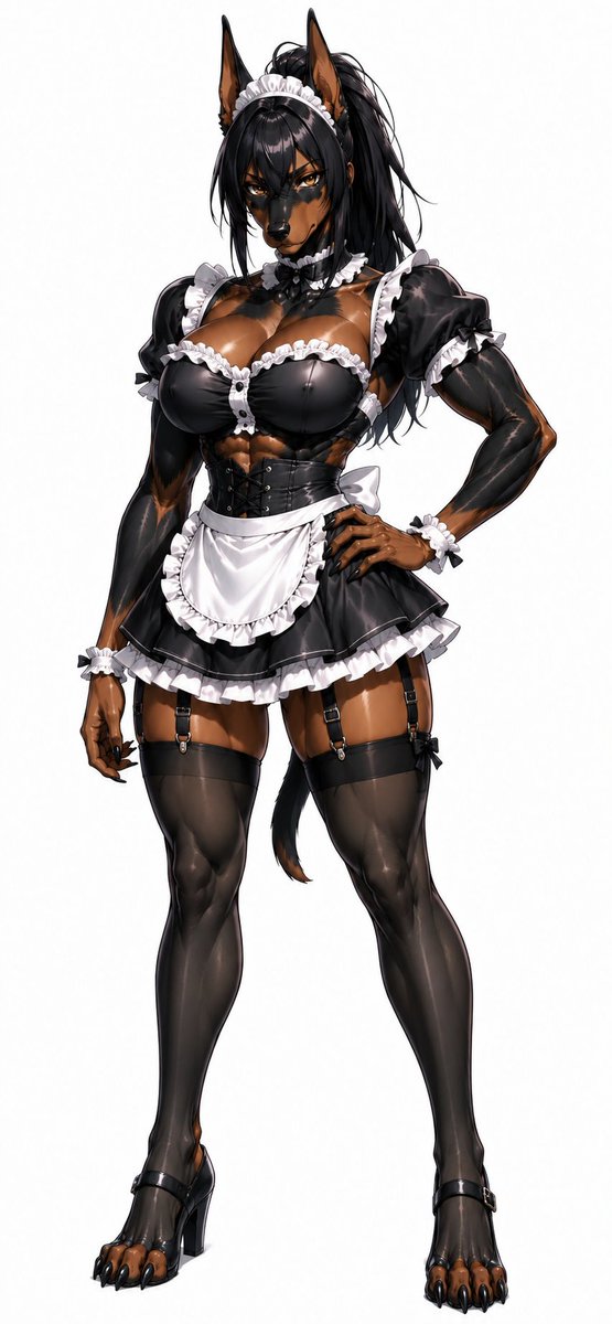 BushituAnkoku's tweet photo. ドーベルマン娘に似合いそうな格好をさせてみる企画🐺
土曜日なのでメイド衣装着せてみた☺
シロクマに続き強そうなメイドである😆
#Furry #Kemono https://t.co/zbtnUOBS83