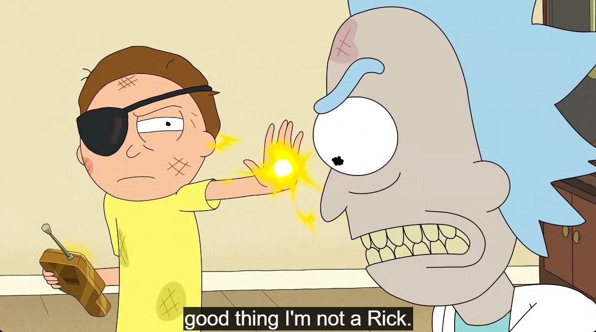 buneeboi's tweet photo. I'm starting to think all the Morty and Evil Morty parallels are intentional because I found another one I haven't seen anyone talk about.

"You're lucky I'm not a Rick" before saving Rick // "Good thing I'm not a Rick" right before shooting with the intention to kill Rick https://t.co/jYiMFmI6sT