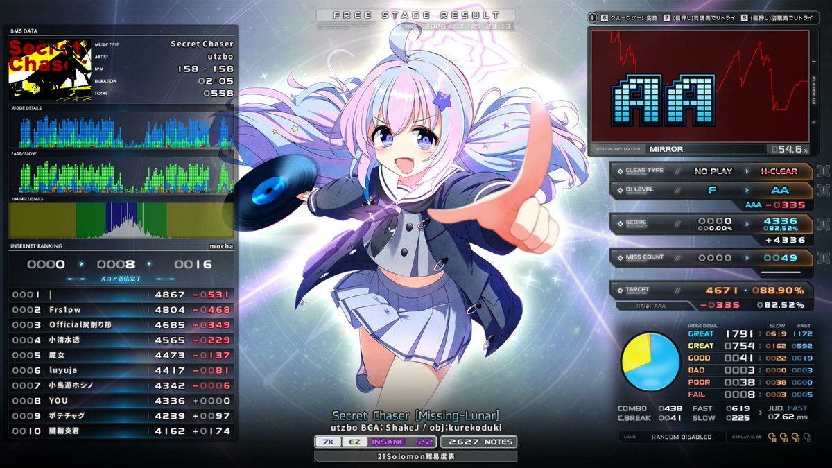 Lyricia_'s tweet photo. ✡19 Sophia [yumether] EXHARD CLEAR
✡20 jello jelly [jellybean] HARD CLEAR
✡21 Secret Chaser [Missing-Lunar] HARD CLEAR
✡21 Signal [HEARTFUL] CLEAR

Solomonやってた https://t.co/wfPv5LQdC3