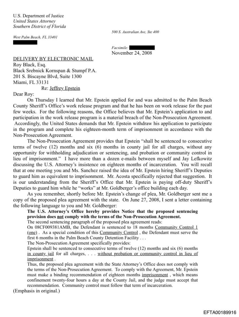 epsteinsearchin's tweet photo. Jeffrey Epstein was paying the off-duty sheriff's deputies who guarded him. During his sentence he spent each day at a private office, not a cell. A 2008 Justice Department letter called it a breach and demanded he serve eighteen months in jail. He never did. https://t.co/it9gM760S9