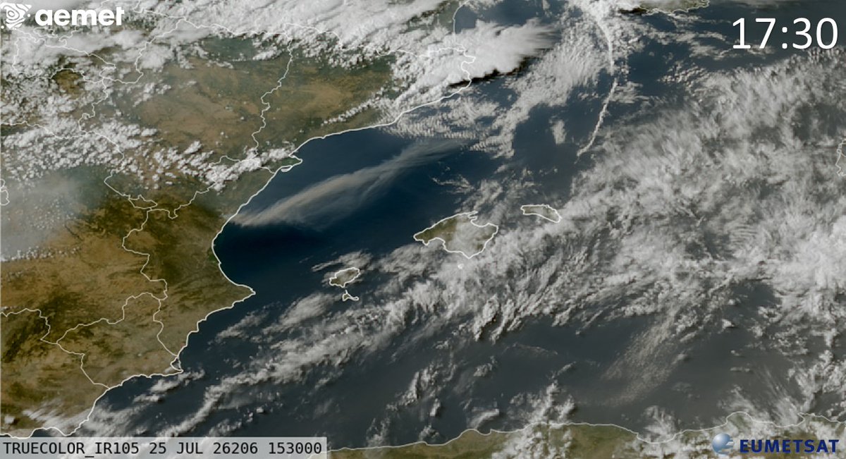 AEMET_CValencia's tweet photo. Situación meteorológica muy adversa en el #IFValldUixó. Viento de poniente sostenido con rachas de 30 a 40 km/h, humedad relativa del 10 % y temperaturas en la zona próximas a 38 °C. La penacho de humo del incendio se adentra más de 300 km en el Mediterráneo. https://t.co/z0m9z3Cl2u