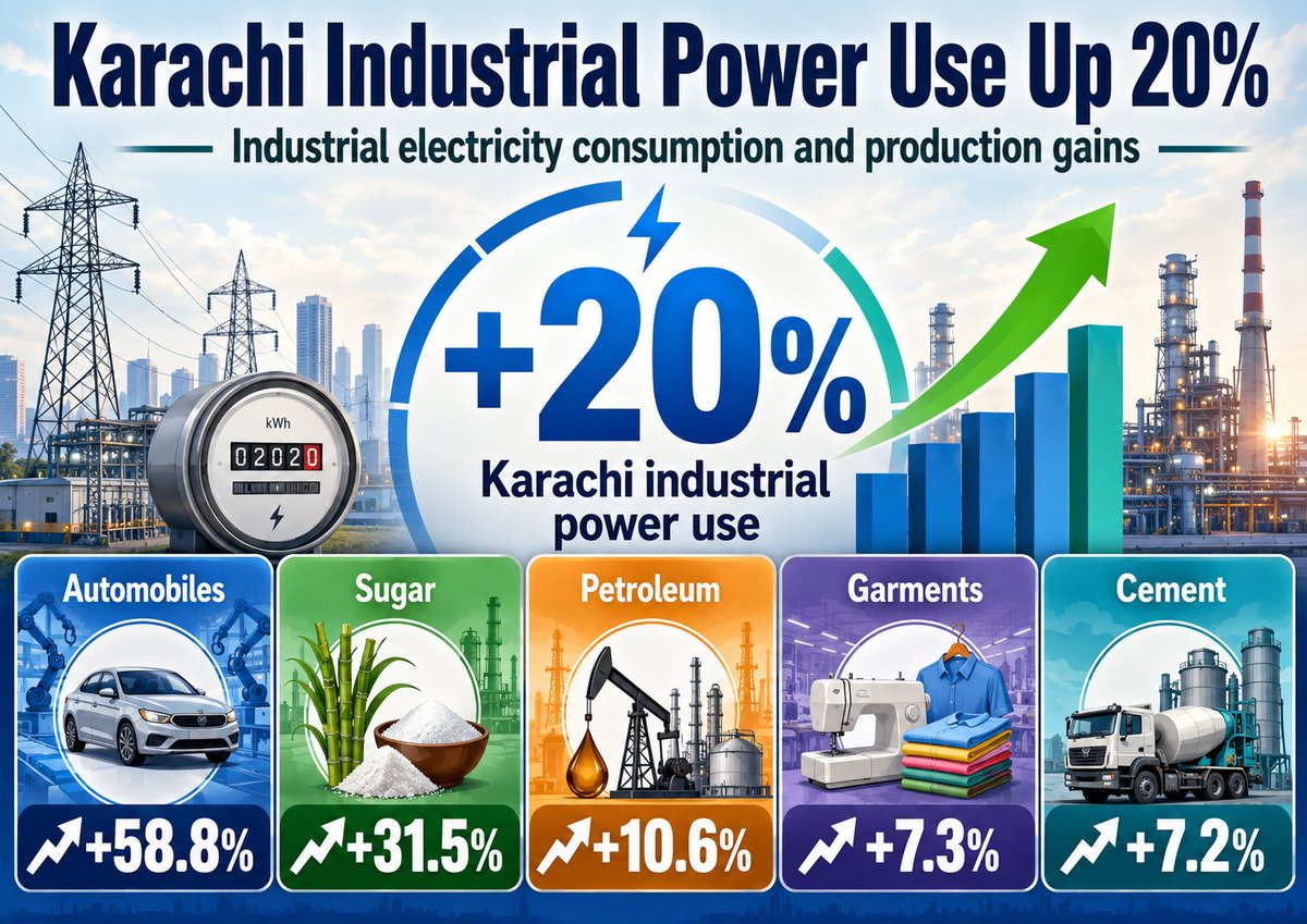 SaleemFarrukh's tweet photo. Karachi’s factories just sent a signal.

Industrial electricity use: +20.6%
Automobiles: +58.8%
Sugar: +31.5%
Petroleum products: +10.6%
Garments: +7.3%
Cement: +7.2%
Factories do not consume megawatts for headlines. They consume megawatts for output.
The machines are running. The meters are moving.
My column in The News today:
A signal from Karachi’s factories

Comment: A signal from Karachi’s factories
Business
By Dr Farrukh Saleem
July 25, 2026
📷
📷
📷Power transmission towers are pictured in Karachi on July 26, 2022. — Reuters
Attention: Something unusual is happening inside Karachi’s factories. The machines are consuming more electricity than ever before. There is something genuinely positive here.

Plain fact: In FY26, Karachi’s industrial consumers used 6.08 billion kWh of electricity up from 5.04 billion kWh a year earlier. That is an increase of 20.6 per cent in a single year. That is a substantial jump.

For the record: Industrial electricity consumption at K-Electric has broken a record that had stood for four years. In an economy accustomed to bad news, this deserves attention. Not celebration.

Attention. Factories do not consume megawatts for headlines. They consume megawatts for output. Machines do not run on sentiment. They run on orders. Industrial meters do not measure optimism. They measure activity. Yes, the machines are running. The meters are moving. And after four difficult years, Karachi’s industrial pulse is beating faster.

For the record: During FY26, K-Electric energised 349 new industrial connections and 273 existing industrial customers increased their sanctioned load. According to K-Electric, the largest electricity-consuming category was B3 – industrial consumers taking between 501 kW and 5,000 kW. KE specifically identifies: Textiles. Steel. Cement. In practical Karachi terms, those industrial feeders supply the manufacturing belt stretching through SITE, Korangi, Landhi, Port Qasim, North Karachi and surrounding industrial zones.

Here are the five most striking production increases: automobiles, up 58.8 per cent; sugar, 31.5 per cent; petroleum products, 10.6 per cent; garments, 7.3 percent; and cement, 7.2 per cent. One billion additional units in twelve months. More factories are connecting. Existing factories are increasing their loads. Production is rising.

The machines are beginning to speak. Machines have no sentiments. Machines have no political affiliations. They respond to orders, costs and demand. And right now, Karachi’s machines are saying something worth listening to.