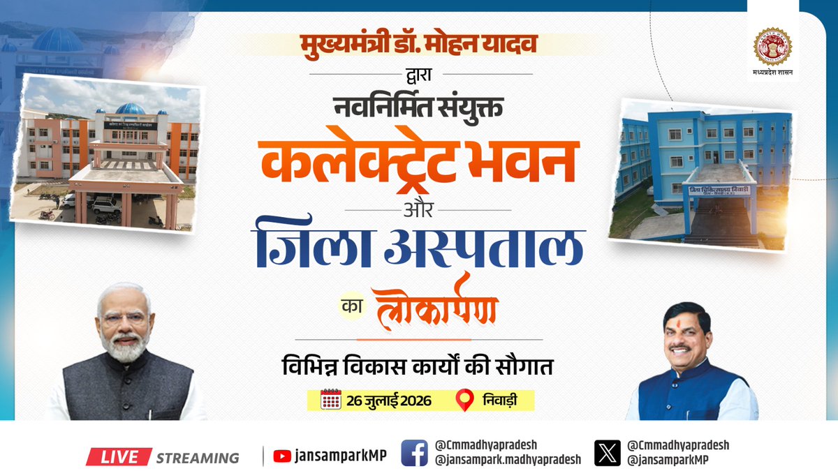 JansamparkMP's tweet photo. मुख्यमंत्री डॉ. मोहन यादव द्वारा नवनिर्मित संयुक्त कलेक्ट्रेट भवन और जिला अस्पताल का लोकार्पण सहित विभिन्न विकास कार्यों की सौगात

🗓️ 26 जुलाई 2026
📍 निवाड़ी

#MadhyaPradesh #Niwari #JansamparkMP