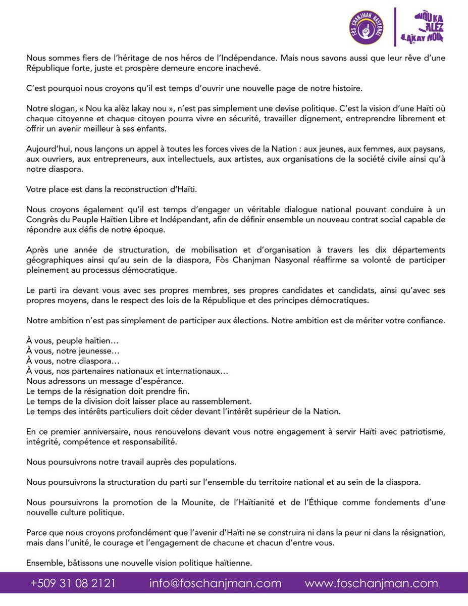 foschanjman's tweet photo. Il y a un an, Fòs Chanjman Nasyonal (FCN) se présentait devant vous avec une conviction profonde : notre pays mérite mieux. Haïti mérite une politique fondée sur les valeurs, la compétence, l’intégrité et une vision capable de redonner espoir à toute une Nation. https://t.co/T12vdRqz8a