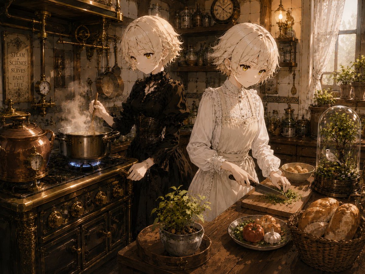 gxeducom00's tweet photo. 🥢ς(◉◡◉ς「……メイン・ディッシュのスープ……熱量、よし。……火加減、安定。……蒸気圧、正常。」
🔪ς(ᕡ◡ᕡς「……ガーニッシュのハーブ……細かく刻んで、風味を……引き出す。……彩りも、完璧。」🌿
#AIイラスト
#AIart️
#IMPET #インペット
#AEL #アエル
#( ◉◡◉)💡(ᕡ◡ᕡ )🪴 https://t.co/E5K70oDePx