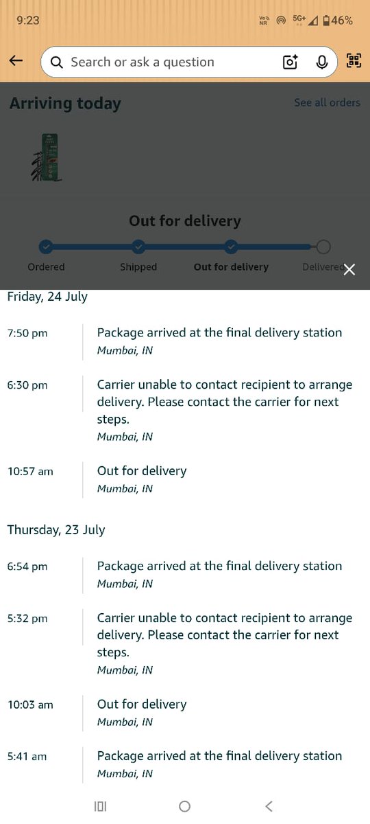 Beyond3dArtist's tweet photo. @AmazonHelp This is completely unacceptable. I'm paying for Amazon Prime and 1-Day Delivery, yet my order has been shown as "Out for Delivery" for 3 consecutive days. Every night, the status changes to "Carrier unable to contact recipient" despite ZERO calls, ZERO messages, https://t.co/4bkp066RPX