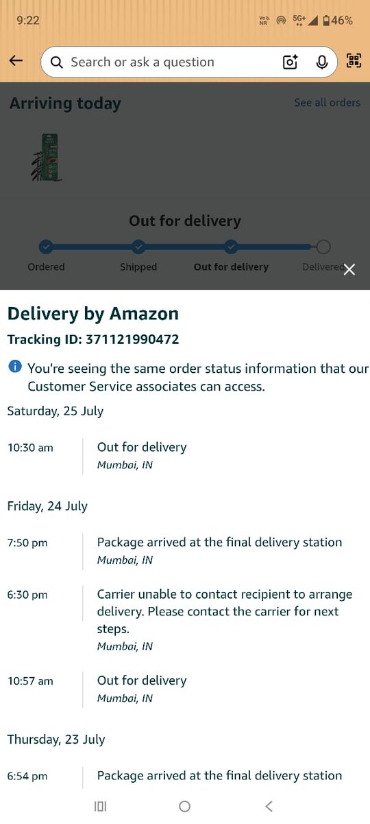 Beyond3dArtist's tweet photo. @AmazonHelp This is completely unacceptable. I'm paying for Amazon Prime and 1-Day Delivery, yet my order has been shown as "Out for Delivery" for 3 consecutive days. Every night, the status changes to "Carrier unable to contact recipient" despite ZERO calls, ZERO messages, https://t.co/4bkp066RPX