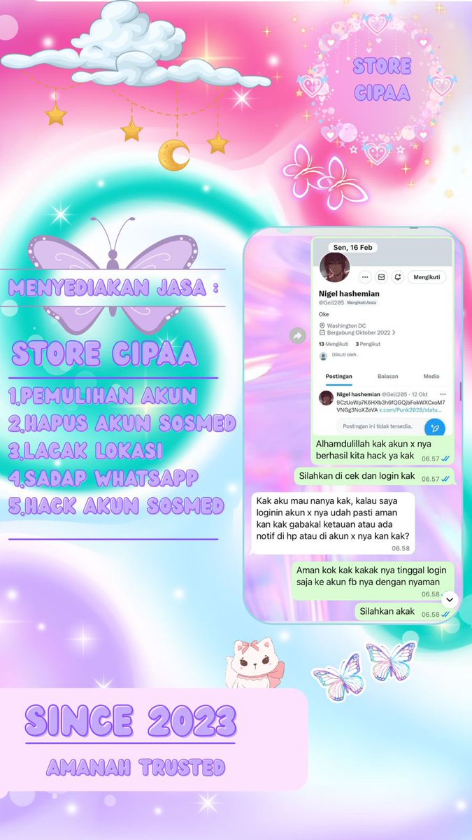 rockstnr's tweet photo. jasa pulihkan &amp; balikin✨𖦹⊹౨ৎ⟡

✧˚ pemulihan akun
- instagram, tiktok, whatsapp, line, facebook, x, gmail, telegram dan lainnya

✧˚ hapus akun
- facebook, tiktok, instagram, line, whatsapp, twitt / x, dan lainnya

and
hack akun, sadap wa, lacak lokasi ?
જ⁀➴♡ wa di bio. ‼️ https://t.co/JJ4kBi6upR