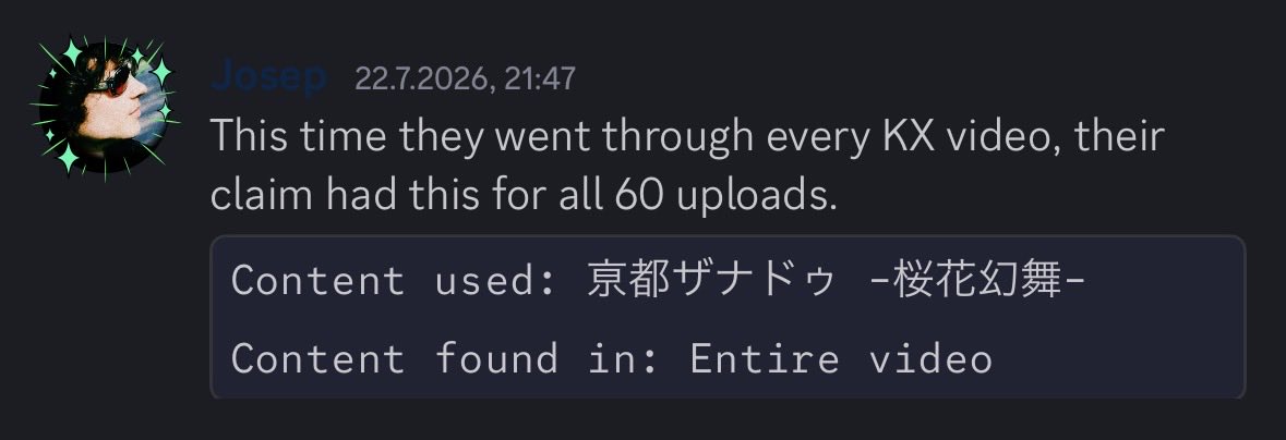 Khloejdk's tweet photo. @ScourgeHH @hollowsamuraii To actually answer your question. The first 2 was the 9 highest viewed tracks on the channel and then it was the KX soundtrack that got hit for the third strike. Source: Josep on Falcord https://t.co/7rp526i4cp