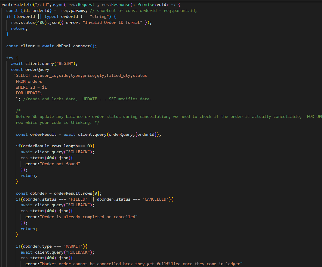 akshatt877's tweet photo. #BuildInPublic NexisCEX 
Day 11 Progress Update: 
1.API Expansion: Implemented  GET &amp; DELETE  REST endpoints
2.Rollbacks: Refund locked user balances without race conditions.
3Engine Sync: Built in-memory cancelOrder method to splice canceled orders from the RAM priority queues. https://t.co/oQDuypkWAx