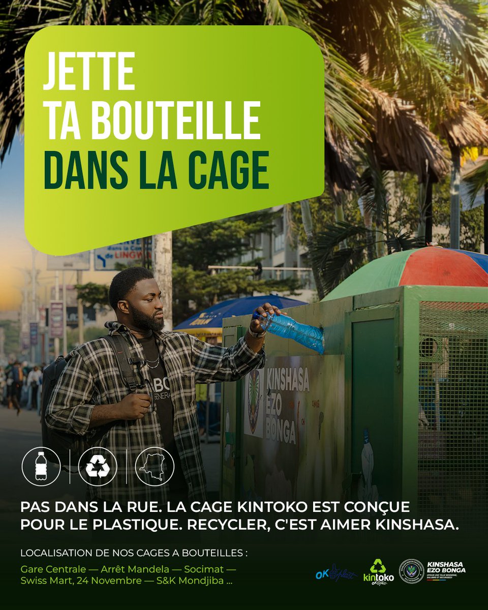 actualitecd's tweet photo. Ta bouteille a une place. Et ce n'est pas la rue. 🚯

Jette-la dans la cage KinToko — conçue uniquement pour le plastique. Un seul geste, simple et bien fait, pour une ville plus propre et des caniveaux qui respirent.

Recycler, c'est aimer Kinshasa. Kopetola ezali ko linga Kinshasa. ♻️

📍 Gare Centrale — Arrêt Mandela — Socimat — Swiss Mart 24 Novembre — S&K Mondjiba…

#RecyclerCestAimerKinshasa #KopetolaEzaliKoLingaKinshasa #KinTokoOKPlast #OKPlast #KinshasaEzoBonga