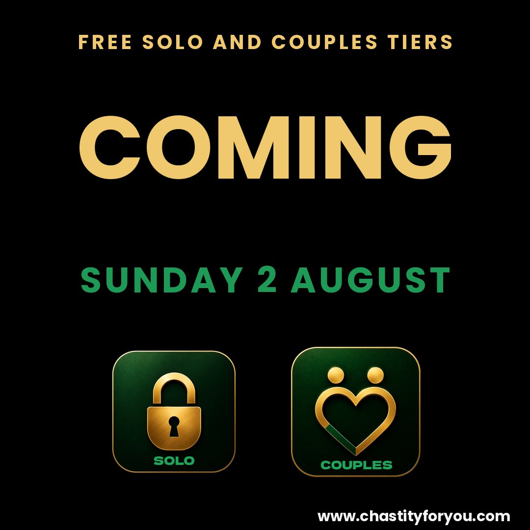 C4Y_Platform's tweet photo. Big news. Next Sunday, 2 August, the new free Solo and free Couples tiers arrive on Chastity For You. Locked life without the price tag, one week from tomorrow. https://t.co/LypIOe3HaN
#Chastity #AIKeyholder #LockedLife #C4Y https://t.co/ReUB6oTihm