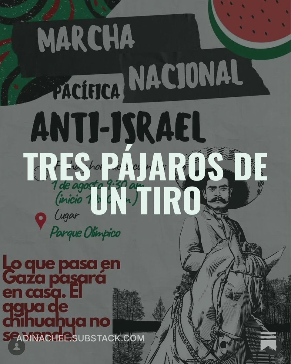 AdinaChel's tweet photo. He aquí los hechos. Acompáñenme en este recuento para después llegar al análisis.

Había una vez, hace unas semanas y en un lugar muy cercano —México—, una convocatoria a una marcha nacional para el primero de agosto, con el objetivo de proteger la soberanía del país, supuestamente violada por el despojo del agua que estaría haciendo Israel en Chihuahua y por los contratos que ha firmado el gobierno estatal con empresas israelíes.

Una marcha “por Palestina”, “contra Israel”, “antisionista”, “en defensa de la integridad de México, como no se ha hecho con Palestina”, “si lo hacen en Gaza, lo harán en tu casa” y con todas las consignas de antemano conocidas en cualquier marcha que involucre a Israel, Palestina, Gaza y Medio Oriente.

Una marcha convocada para el mismo día, con las mismas peticiones, en por lo menos 26 ciudades del país: desde la CDMX, Monterrey y Guadalajara —lugares típicos de marchas anti-cualquier-cosa— hasta ciudades más pequeñas como Tepic, Matamoros y Tlaxcala.

La marcha —más bien, la convocatoria de la marcha— ha creado tal ruido que personajes, influencers y medios, tanto de derecha como de izquierda, la empezaron a promocionar. Creo que es el único punto de encuentro entre la izquierda rancia y la derecha añeja.

Pero bueno, esta no es la novedad. Es una señal de los tiempos.

Hace un par de días, sin embargo, la tuerca giró de una manera inesperada: tres organizaciones propalestinas nacionales se deslindaron completamente de la marcha.

Uno pensaría que, si es una marcha propalestina, las organizaciones propalestinas estarían incluidas o tomadas en cuenta.

Pero no.

Estas organizaciones no sólo se deslindaron, sino que recalcaron NO conocer quién está detrás de la marcha. Uno pensaría que, bueno, estas tres organizaciones no la organizaron, pero se conocen entre ellas y sabrán quién la convoca.

Pero no. No tienen idea.

Al revisar todos los anuncios y comunicados que convocan —NO a quienes simplemente los reproducen—, queda claro que no hay un convocante expreso, claro ni identificable.

Y he ahí la pregunta esencial: ¿quién convoca a la marcha?

Porque firma es fondo.

La respuesta se da con otra pregunta: ¿quién gana y qué gana con convocar una marcha de esta magnitud a nivel nacional?

Y ojo: no estamos hablando de cuál va a ser la presencia real en cada una de las más de 20 marchas. Probablemente, como en los últimos eventos de esta naturaleza, haya eyaculación precoz.

Lo que llama la atención es quién quiere hacer esta cantidad de ruido.

Hay una movilización nacional de coordinación poco transparente, varias organizaciones propalestinas se deslindaron y es legítimo preguntar quién la organiza y con qué finalidad.

Mi hipótesis no nace únicamente de que nadie firme la convocatoria, sino de una suma de indicios: la coordinación simultánea en decenas de ciudades; la uniformidad gráfica y discursiva de los materiales; la rapidez con la que ciertas cuentas comenzaron a difundirlos; la logística y la capacidad de movilización necesarios para articular un llamado nacional.

Ninguno de estos elementos, aislado, prueba la hipótesis. Pero juntos forman un patrón

Este es el modus operandi favorito del gobierno en turno (o de sus operadores en la calle): hechos tan manipulados que darían risa, difundidos al máximo, utilizados con fines políticos.

Con este ruido matan tres pájaros de un tiro.

Primero, le pegan, mediática y políticamente, a una de las pocas gobernadoras de oposición que hay en el país: Maru Campos, en Chihuahua, quien, dicho sea de paso, ya explicó su versión detrás de las “acusaciones”, para quien quiera escucharla detrás del ruido.

Una gobernadora que se ha enfrentado a Palacio Nacional en temas de seguridad y narcotráfico, y a quien tienen tachada de “traición a la patria”. Agregarle la acusación velada de “vendepatrias” —o vendeagua de la patria— no les viene mal.

Chihuahua, además, es un estado que va a tener elecciones el próximo año y que sería la joya de la corona entre los estados fronterizos con Estados Unidos. Hoy Morena no controla tres de los seis, dos de los cuales tendrán elecciones el próximo año, que Morena quiere sí o sí ganar.

Segundo, el ruido de la marcha desvía la atención de los verdaderos problemas del país. ¿Dónde están las marchas nacionales por las personas asesinadas y colgadas en la vía pública en Zacatecas? ¿Por las responsabilidades de Rocha Moya? ¿Por La Barredora? ¿Por la ausencia casi total de un sistema de salud digno, ya no digamos del nivel de Dinamarca, simplemente digno?

Acabado el Mundial, se necesita otro distractor nacional.

Y, tercero, es el modus operandi típico de Morena: la polarización como manera de gobierno; la polarización como fuente de la eterna juventud política; la polarización como sello de la casa; la polarización como el juego del mago que distrae la mirada para esconder la moneda.

¿Son marchas orgánicas de la sociedad civil? Lo dudo. No porque la sociedad civil no se pueda organizar —lo ha hecho y ojalá lo hiciera más—, sino porque el modo, el tema y la forma son exactamente los utilizados por el gobierno.

Pero, parafraseando el dicho, la culpa no es del guinda, sino del que lo hace su compadre.

El poder puede impulsar la polarización, pero la ciudadanía es responsable de no reproducirla acríticamente.

Morena puede aventar la piedra para matar tres pájaros de un tiro, pero los culpables seremos nosotros si no somos lo suficientemente pensantes, congruentes e inteligentes para no estar en el blanco.