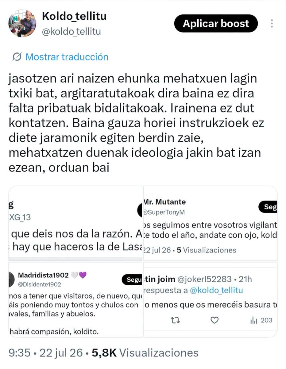 BilduLeioa's tweet photo. @koldo_tellitu leioaztarra azken egunotan jasaten ari den mehatxu ultraeskuindarrak salatu eta arbuiatu nahi ditugu. Era berean, gure elkartasuna adierazi nahi diogu. Gehienetan zigorgabetasun osoz jarduten duten mehatxu ultraeskuindarrei aurre egitea beharrezkoa da. https://t.co/vKxxo2IJaD