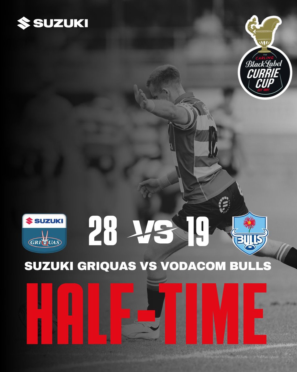 GriquasRugby's tweet photo. ⏱️ HALF-TIME | SUZUKI GRIQUAS 28–19 BULLS
One half down. One more to go.
Let's finish the job! 💪
#Griquas #CarlingCurrieCup #HalfTime https://t.co/va9d3suUm9