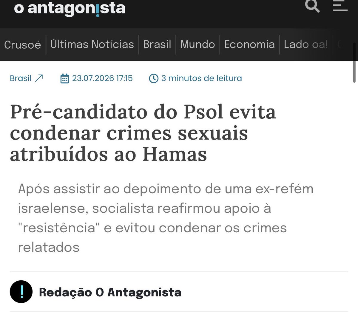 ivanildoiii's tweet photo. Se qualquer direitista com audiência, QUALQUER mesmo, falasse que não é “sommelier da Defesa do país alheio” como resposta a pergunta “você acha correto que soldados da IDF estuprem as mulheres dos terroristas do Hamas?” isso já seria manchete no @JornalOGlobo, na @folha, e no @Estadao.

O Ministério das Mulheres do Governo Lula já teria se pronunciado. Gilmar Mendes teria feito um tweet falando que esse tipo de ideia é inaceitável. Alexandre de Moraes incluiria o autor da declaração em algum dos seus inquéritos. A Procuradoria Geral da República diria que abriria uma investigação. 

O fato que nada disso está ocorrendo diante da fala absurda, escandalosa, e nojenta do Jones Manoel sobre a prática terroristas de se estuprar mulheres e crianças israelenses durante os ataques de 7 de Outubro só nos confirma que o movimento deles nunca foi sobre mulheres ou o combate à violência sexual, mas sempre foi sobre como avançar sua agenda política.

Essa sequer é a primeira fala em que o extremista Jones Manoel defende a violência como arma política. É apenas a primeira em que sua face mais abjeta foi desnudada. Que ele continue tendo espaço no @psol50 e continue sendo tratado como um moderado por veículos de imprensa (inclusive a @GloboNews, canal em que já deu até entrevista!) não me causa surpresa. Surpresa é ver que tem muita gente que continua levando essa patota a sério. 

Entendam. Desde os órgãos de imprensa até a cúpula do Judiciário, toda essa turma é política e tem uma agenda clara. Não é sem motivo que o Jones continua tendo passe livre. 

Que fazer? Os denuncie pelo que são. Não cedam um milímetro. Cobrem! Quem quer falar em misoginia, defesa da mulheres, e combate à violência sexual não pode andar ao lado de quem vê no estupro uma arma de resistência. Façam eles viverem pelas próprias regras.