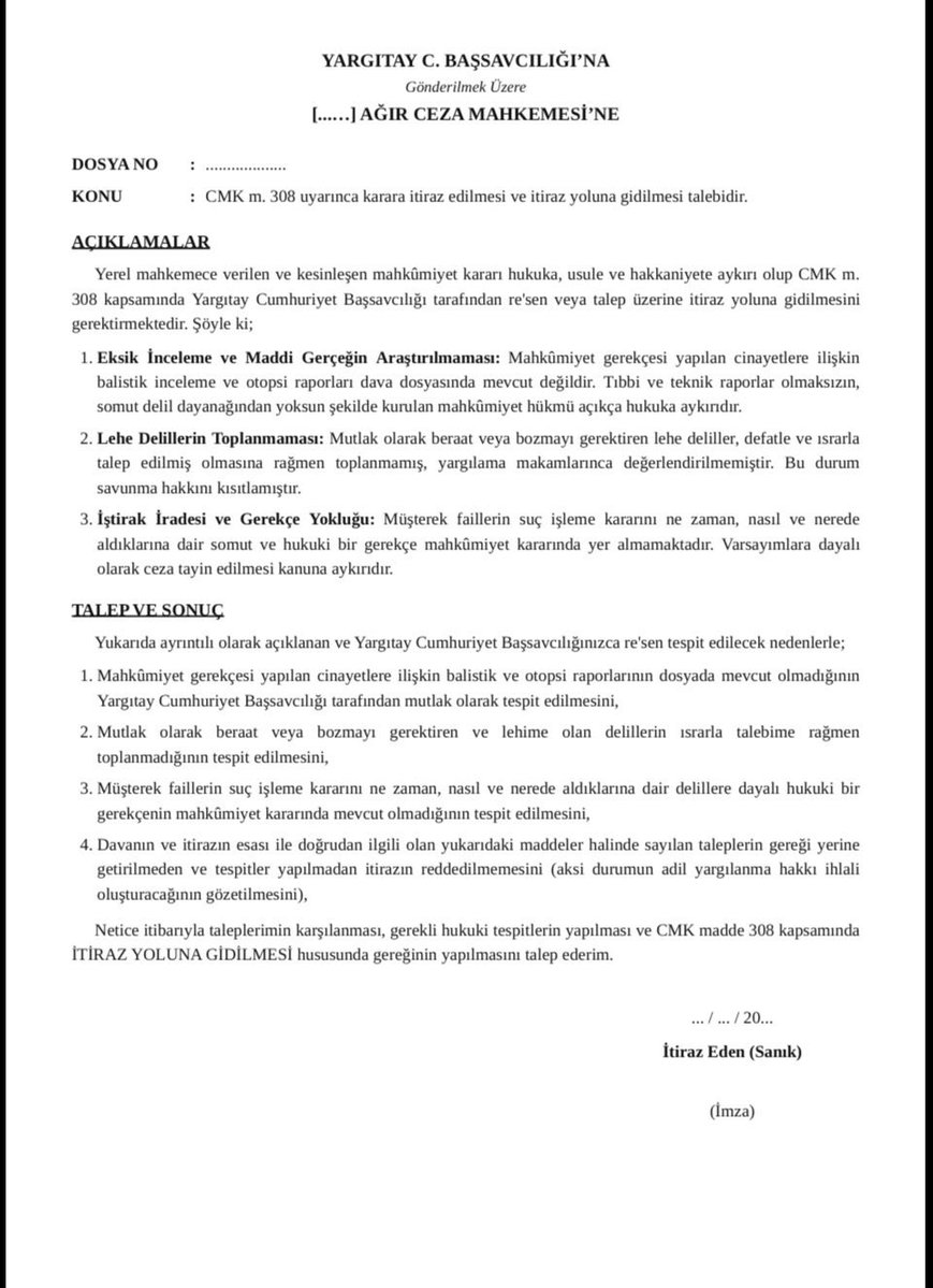 LawyerTuranC's tweet photo. 1️⃣⚠️ Çok önemlidir⚠️
Kesinleşmiş mahkumiyet kararlarına karşı CMK m.308 kapsamında itiraz yoluna gidilmesi ile ilgili bir dilekçe örneğidir. TALEP bölümünü dikkatlice okuyunuz! Ceza ve tazminat davalarında delil olarak kullanılacak bu dilekçeler MUTLAKA kayıtlara girmelidir.
 👇 https://t.co/rqhuXFLMvk