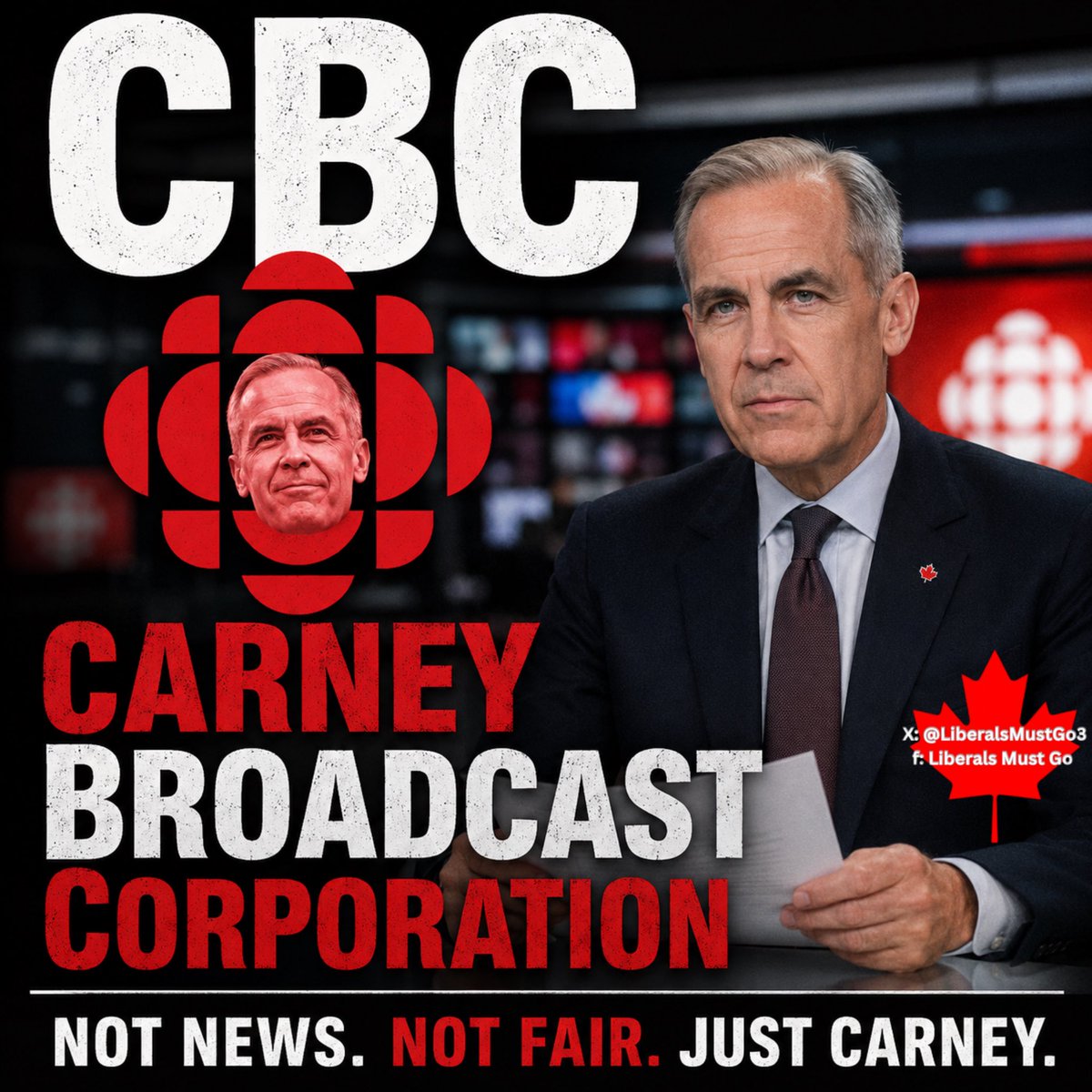 LiberalsMustGo3's tweet photo. CBC isn’t the public broadcaster anymore. It’s the Carney Broadcast Corporation.

Taxpayers fund it. Liberals control the narrative. And Mark Carney gets the softest coverage imaginable while everyday Canadians get lectured.

Not news.
Not fair.
Just Carney.

Time to defund the propaganda machine.
